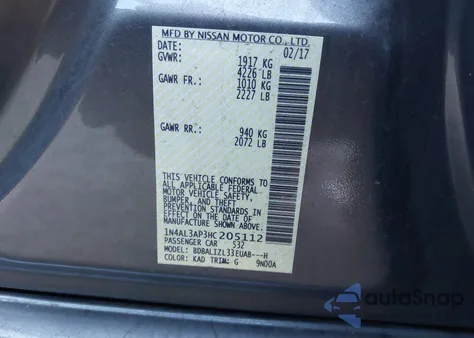 2017 Nissan Altima 2.5 Sv z USA, uszkodzony, nr VIN 1N4AL3AP3HC205112